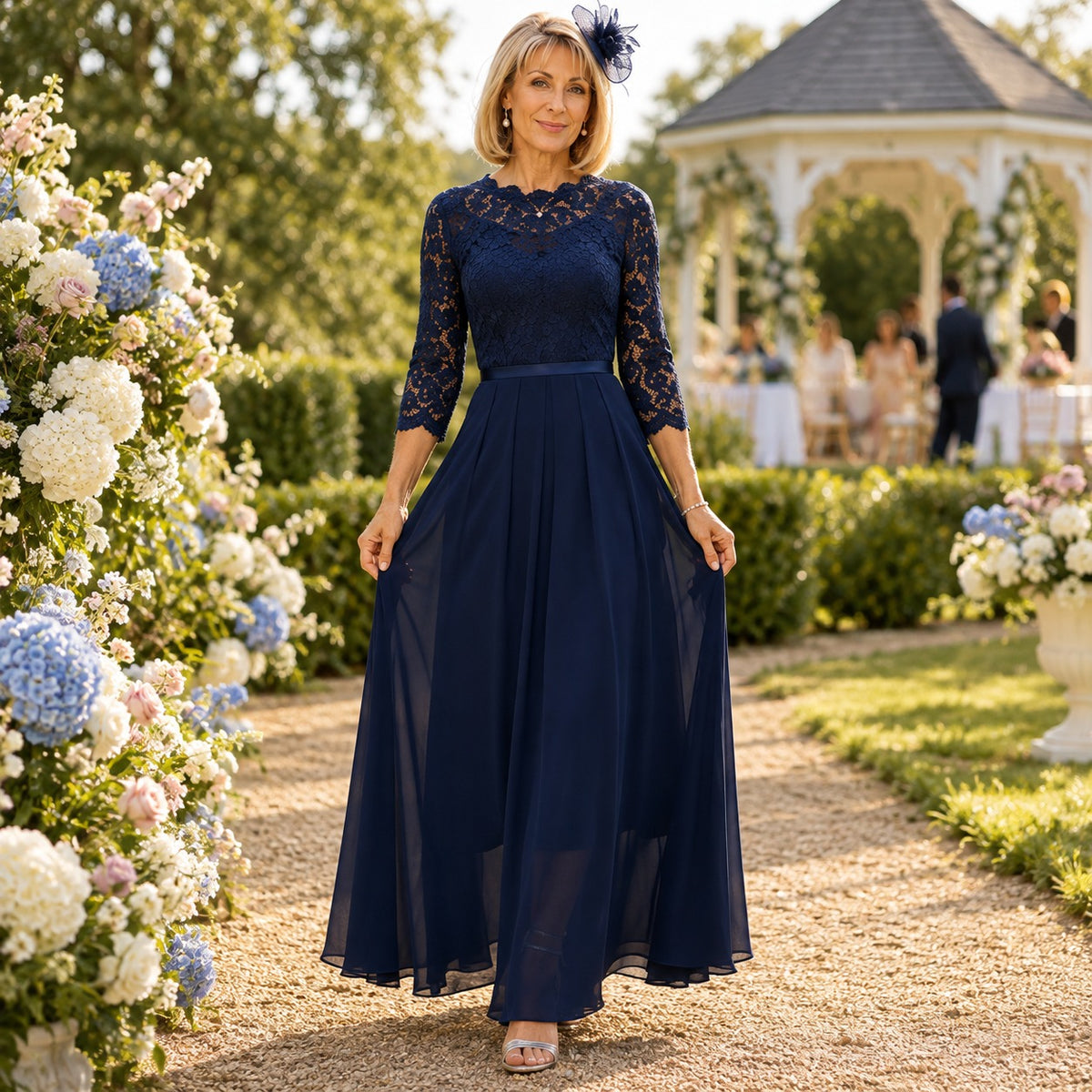 Amelia™ Dress with Floral Lace Details and Three-Quarter Sleeves