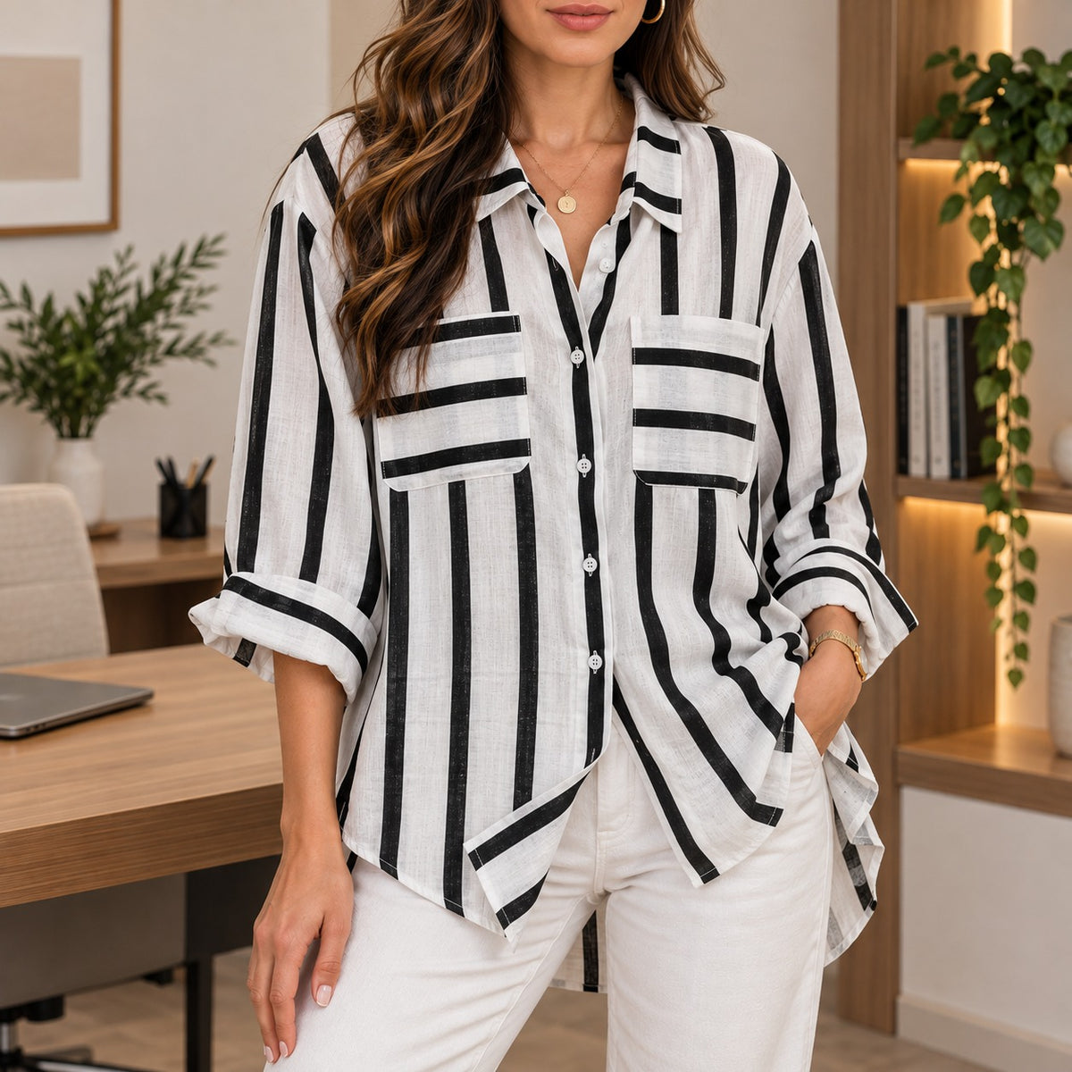 Shirt Brielle™ with Contrast Stripes, Chest Pockets and Relaxed Fit