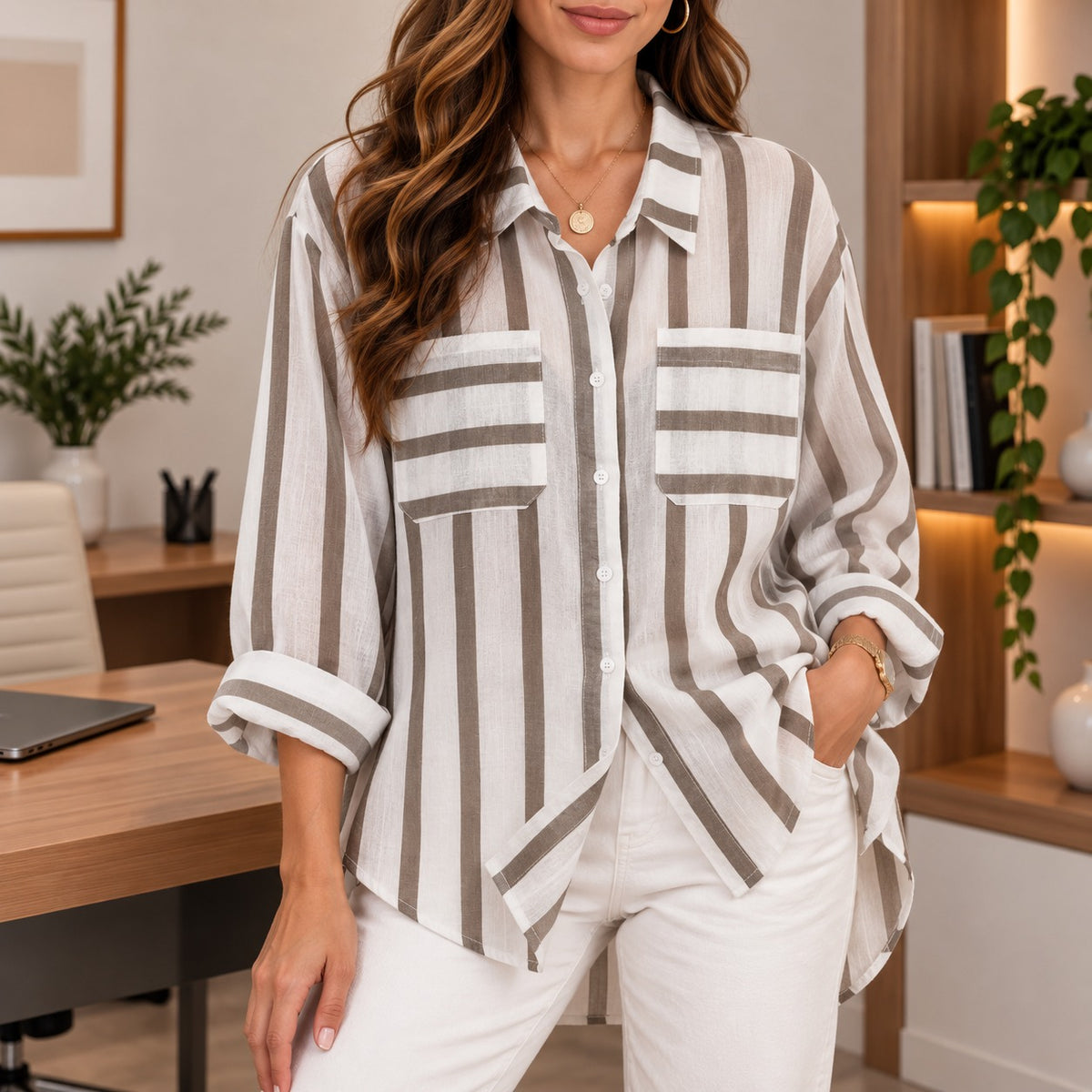 Shirt Brielle™ with Contrast Stripes, Chest Pockets and Relaxed Fit