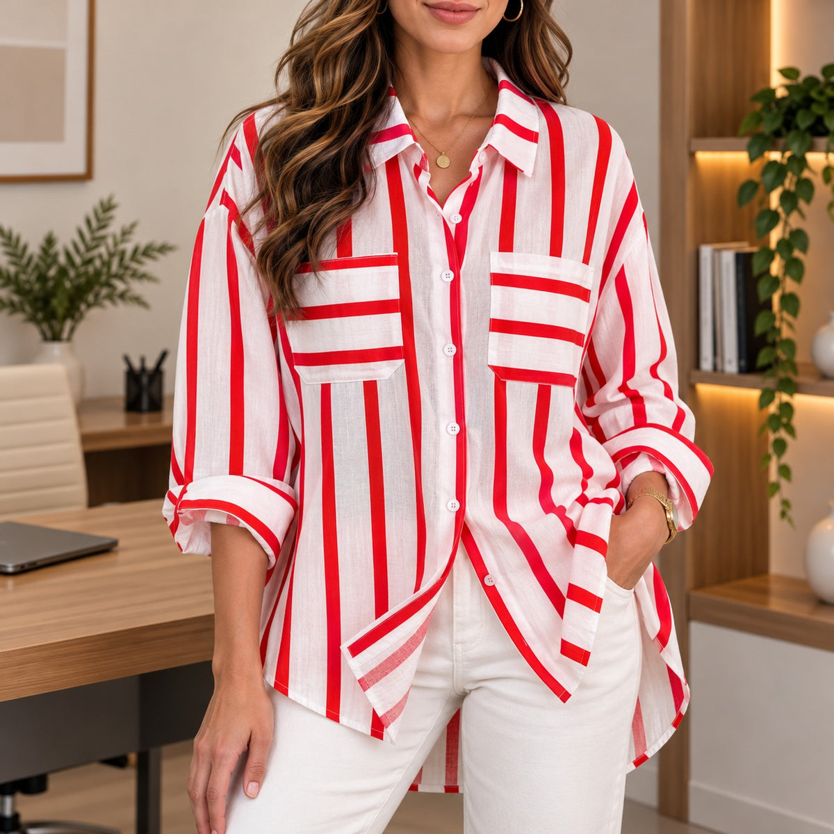 Shirt Brielle™ with Contrast Stripes, Chest Pockets and Relaxed Fit