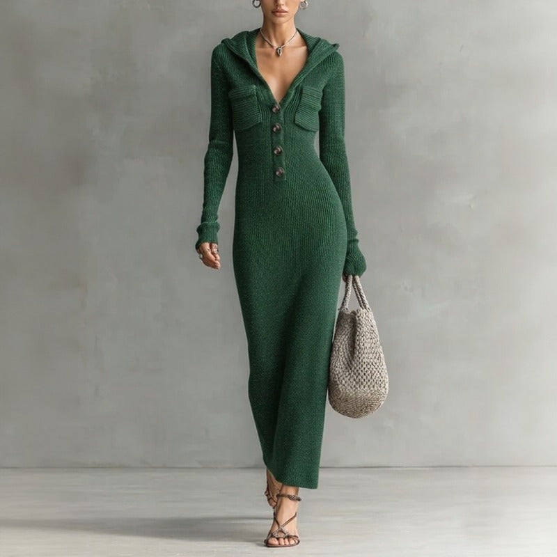 Noemi™ Ribbed Knit Hooded Dress with Chic Front Buttons