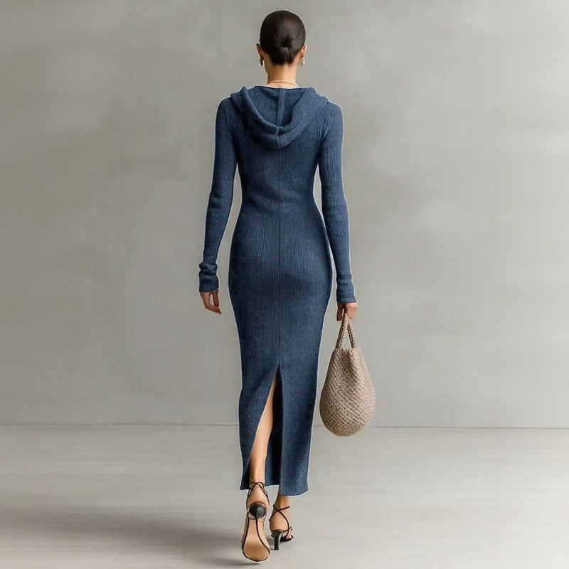 Noemi™ Ribbed Knit Hooded Dress with Chic Front Buttons