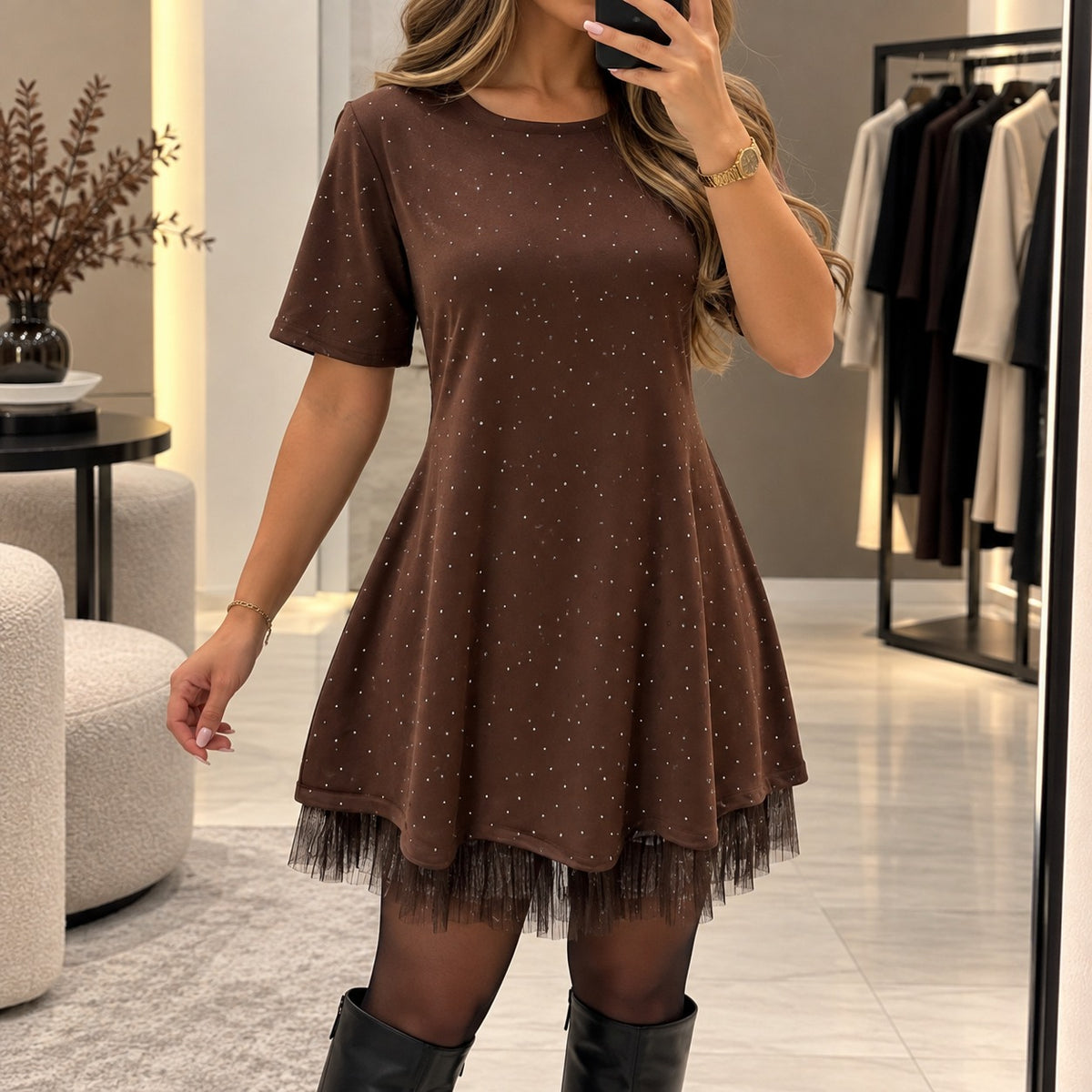 Dress Whitney™ with a Flared Silhouette, Tulle Hem and Dotted Details