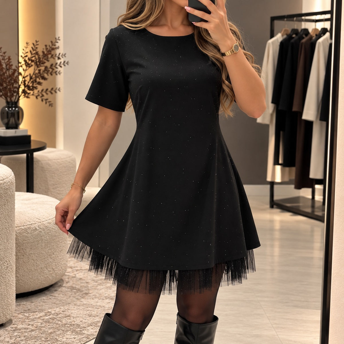 Dress Whitney™ with a Flared Silhouette, Tulle Hem and Dotted Details