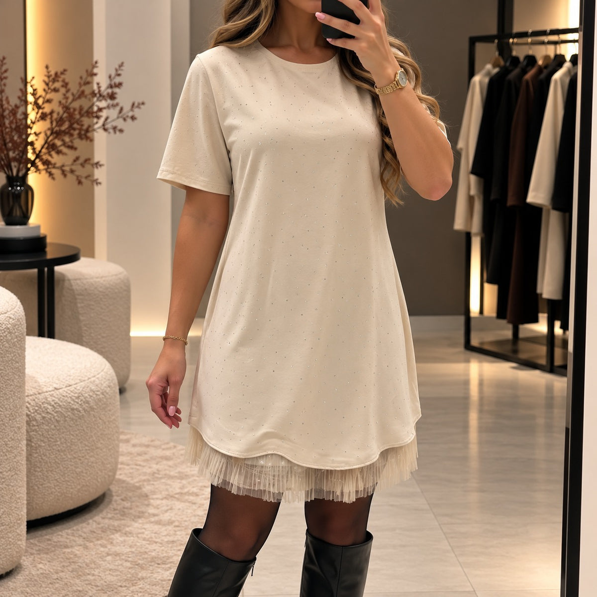 Dress Whitney™ with a Flared Silhouette, Tulle Hem and Dotted Details