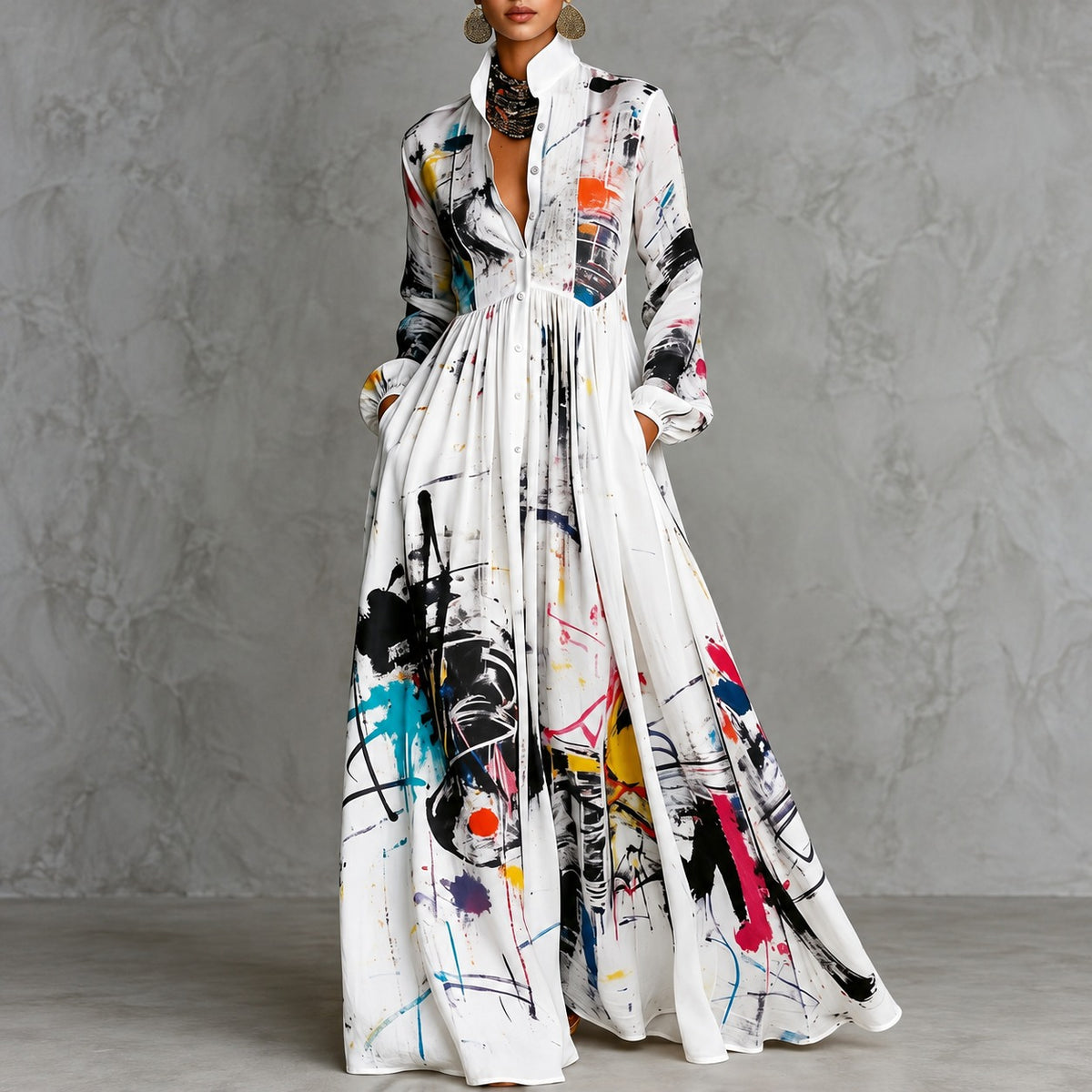 Dress Estelle™ with Abstract Art Print, Defined Waist and Flared Skirt