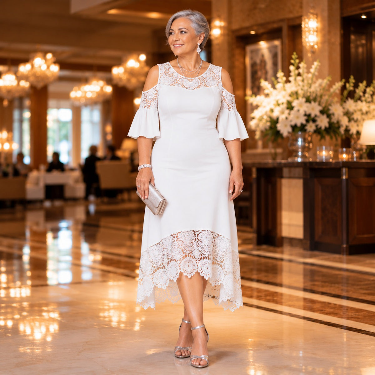 Caterina™ Dress with Lace Details, Cold-Shoulder Cutouts and Asymmetrical Hem