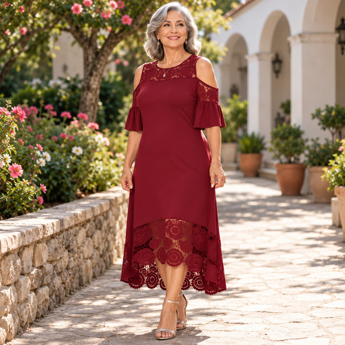 Caterina™ Dress with Lace Details, Cold-Shoulder Cutouts and Asymmetrical Hem