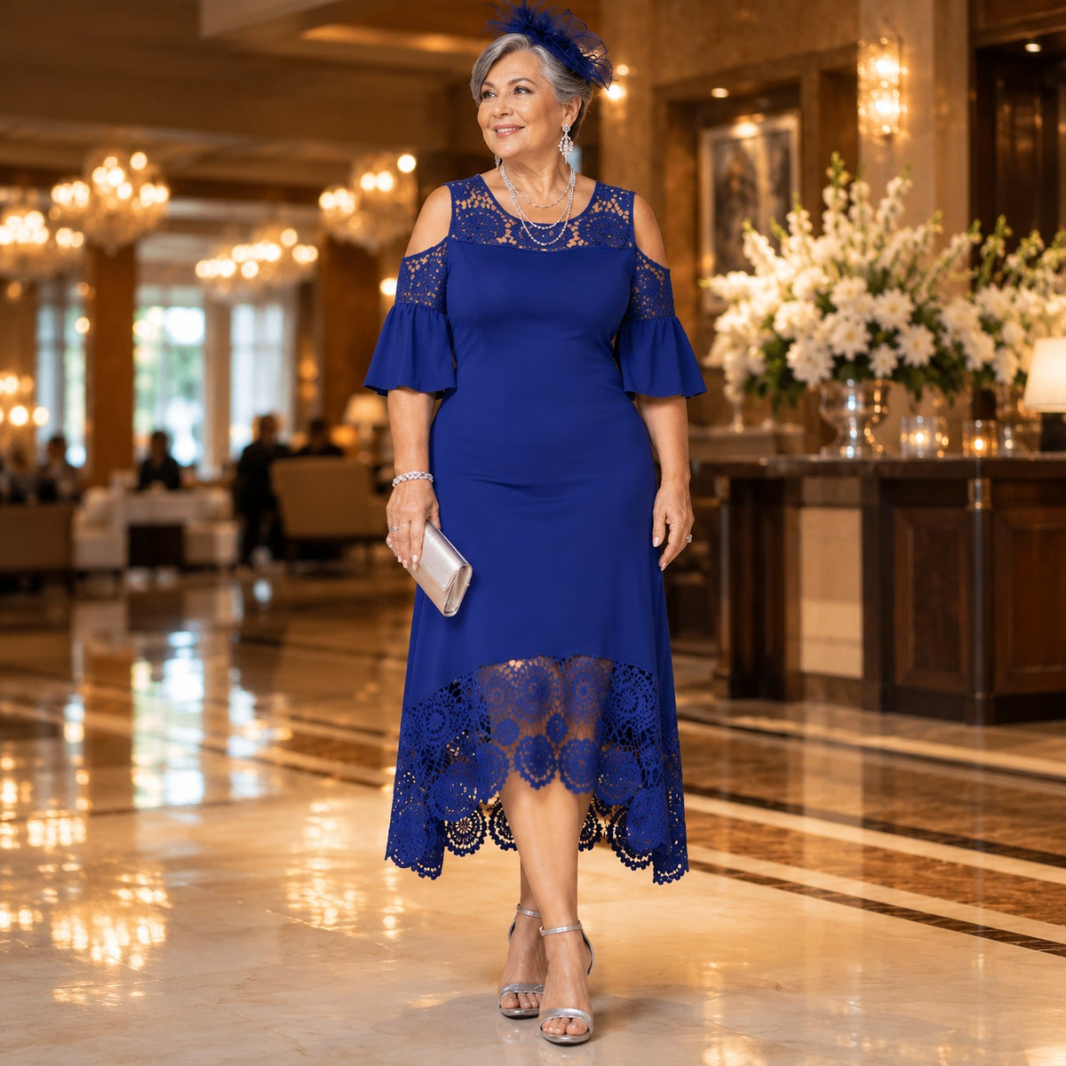 Caterina™ Dress with Lace Details, Cold-Shoulder Cutouts and Asymmetrical Hem