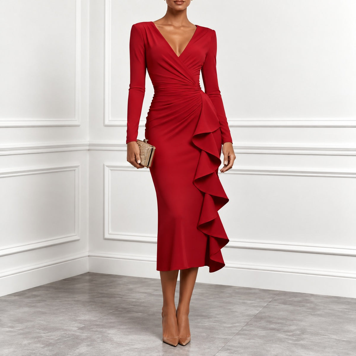 Gianna™ Midi Dress with Surplice V-Neck, Ruched Waist and Waterfall Ruffle