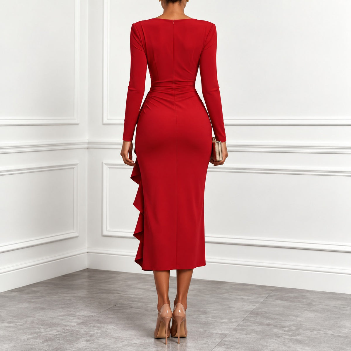 Gianna™ Midi Dress with Surplice V-Neck, Ruched Waist and Waterfall Ruffle