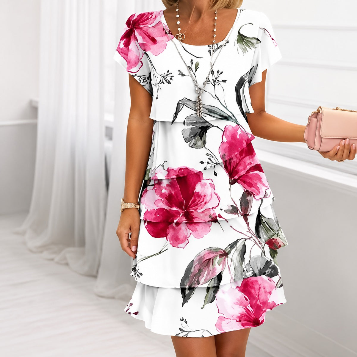 Layered Dress Veneza™ with Short Sleeves and a Round Neckline