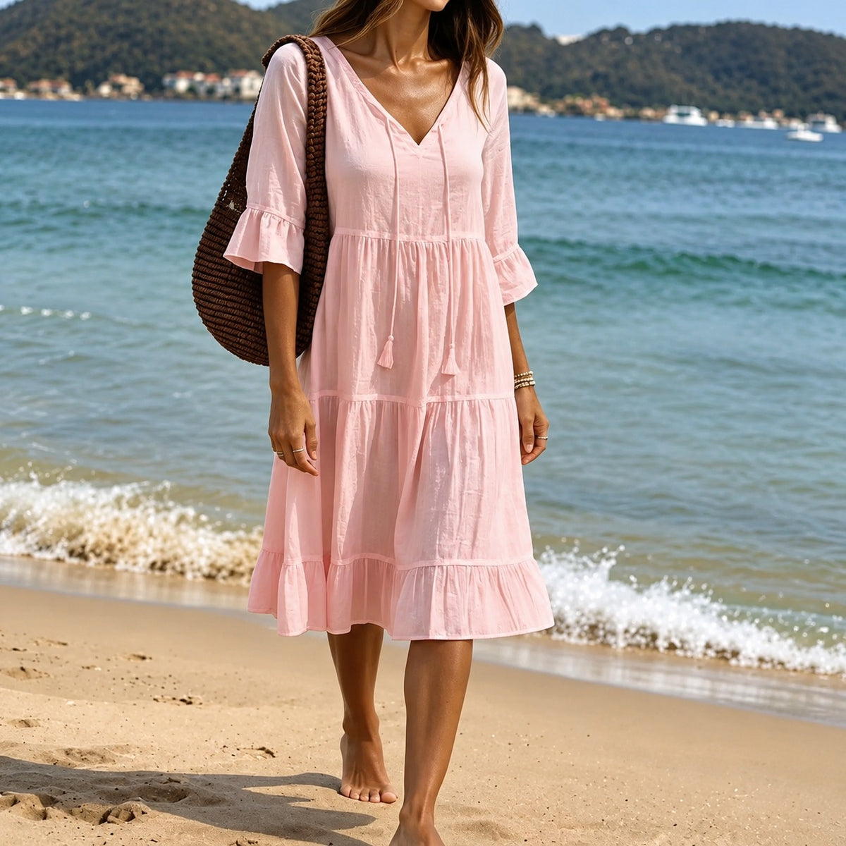 Dress Vanessa™ with a V-Neck, Tiered Skirt and Ruffled Sleeves