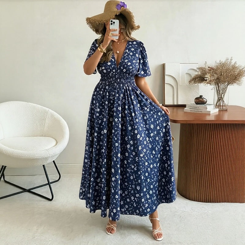 Loretina™ Floral Print Dress with Defined Waist and Relaxed Short Sleeves