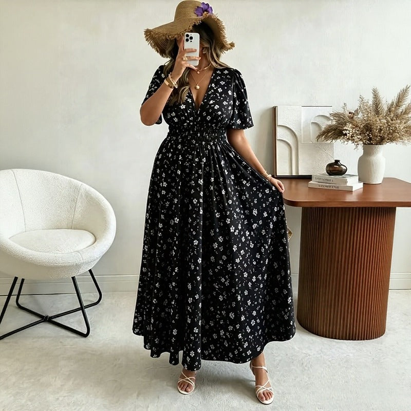 Loretina™ Floral Print Dress with Defined Waist and Relaxed Short Sleeves