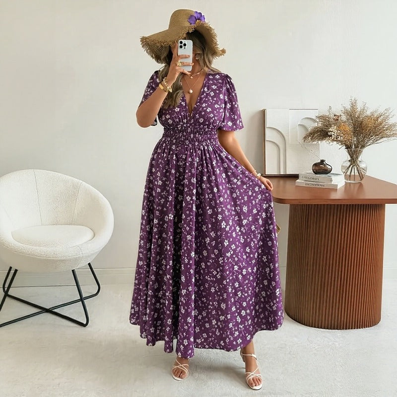 Loretina™ Floral Print Dress with Defined Waist and Relaxed Short Sleeves