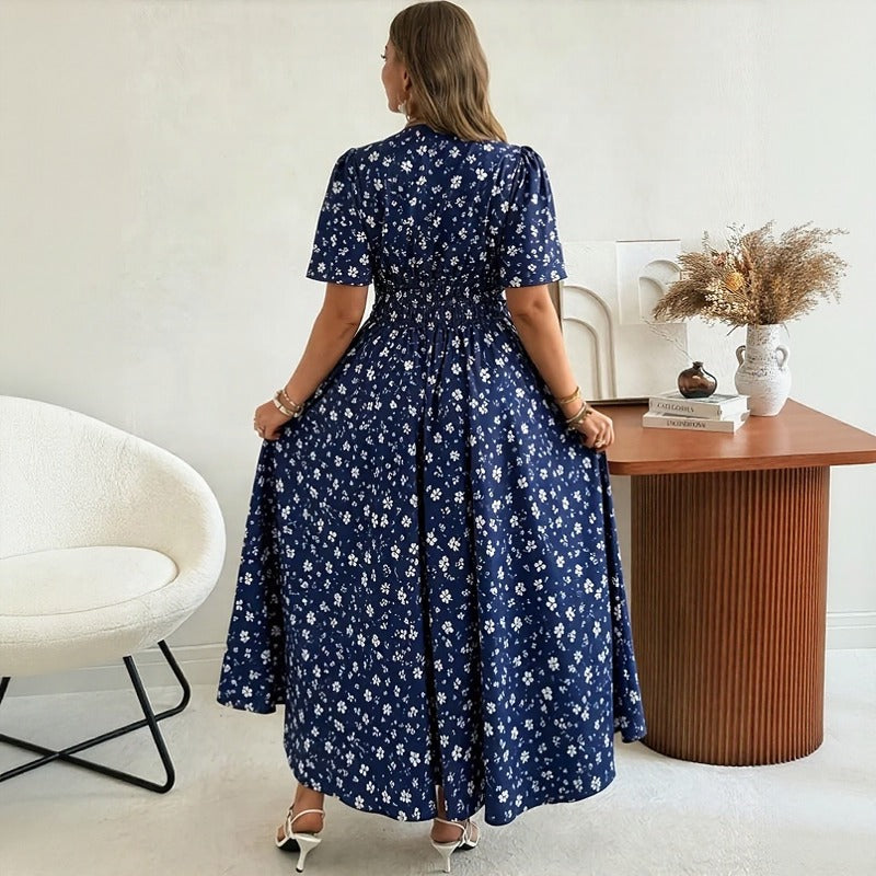 Loretina™ Floral Print Dress with Defined Waist and Relaxed Short Sleeves