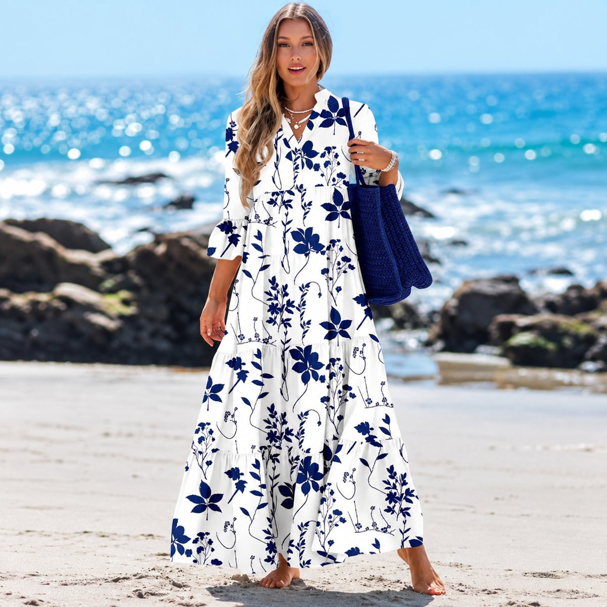 Liana™ Maxi Dress with Floral Print, Three-Quarter Sleeves and Tiered Skirt