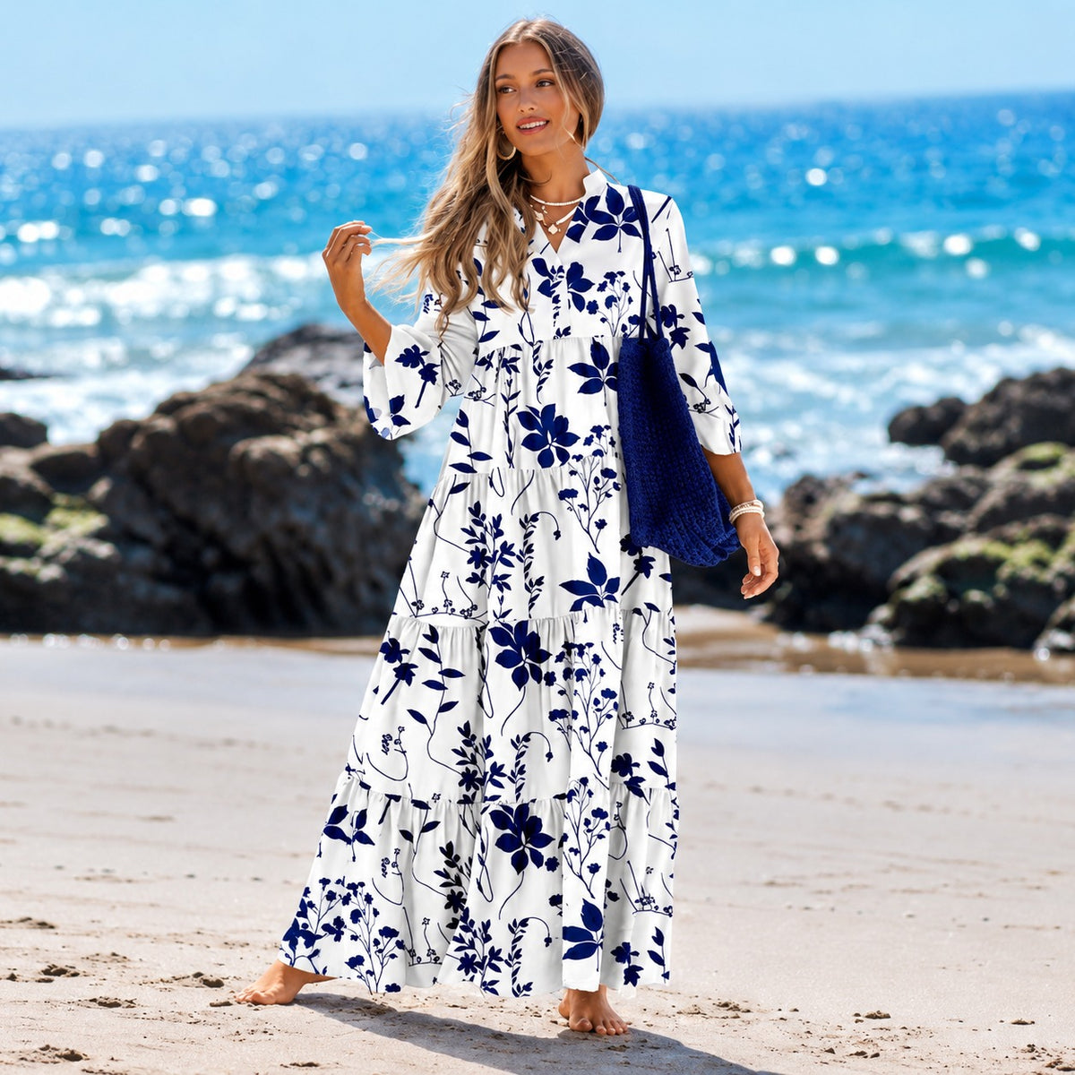 Liana™ Maxi Dress with Floral Print, Three-Quarter Sleeves and Tiered Skirt