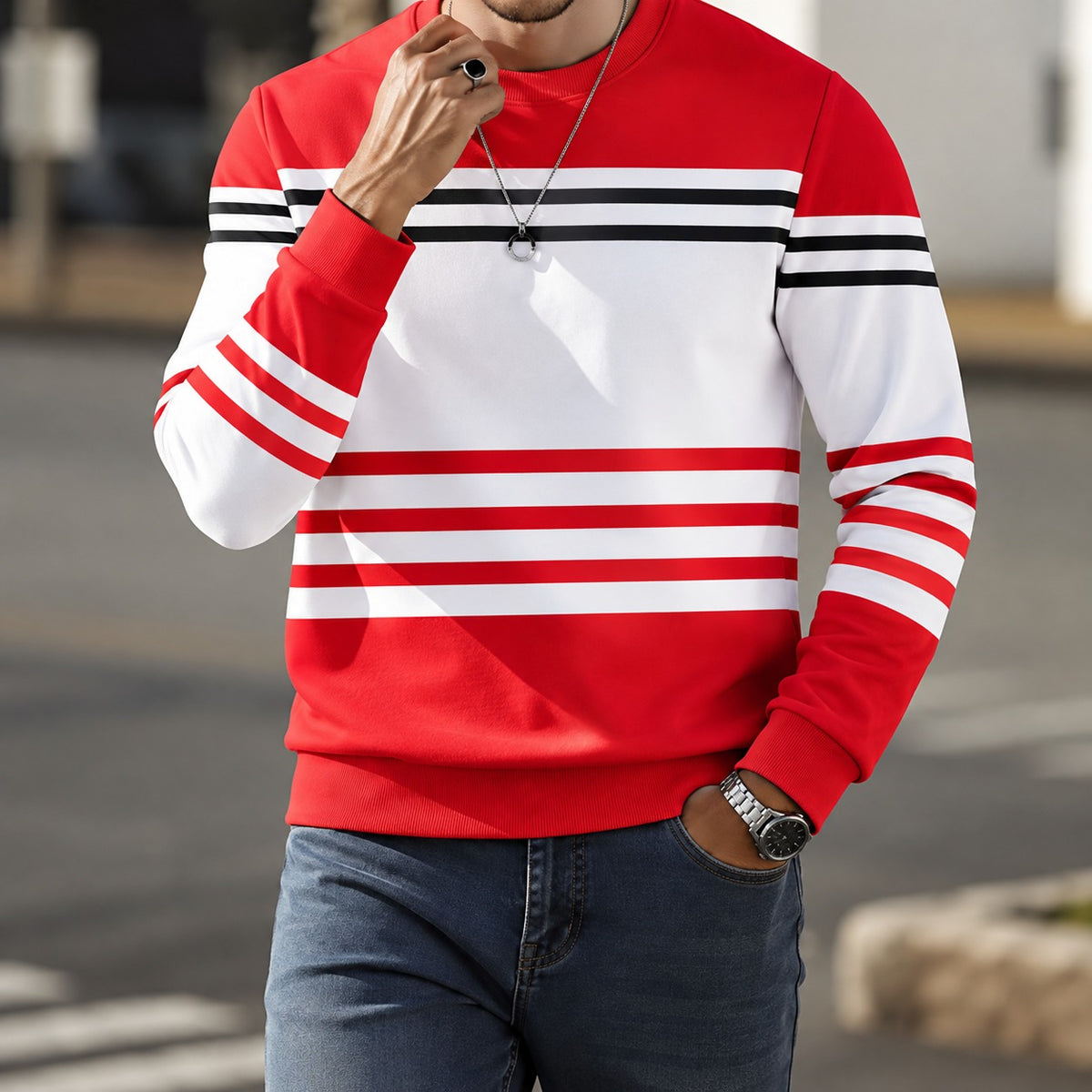 Aldemar™ Sweatshirt with Contrast Stripes, Crew Neck and Ribbed Cuffs