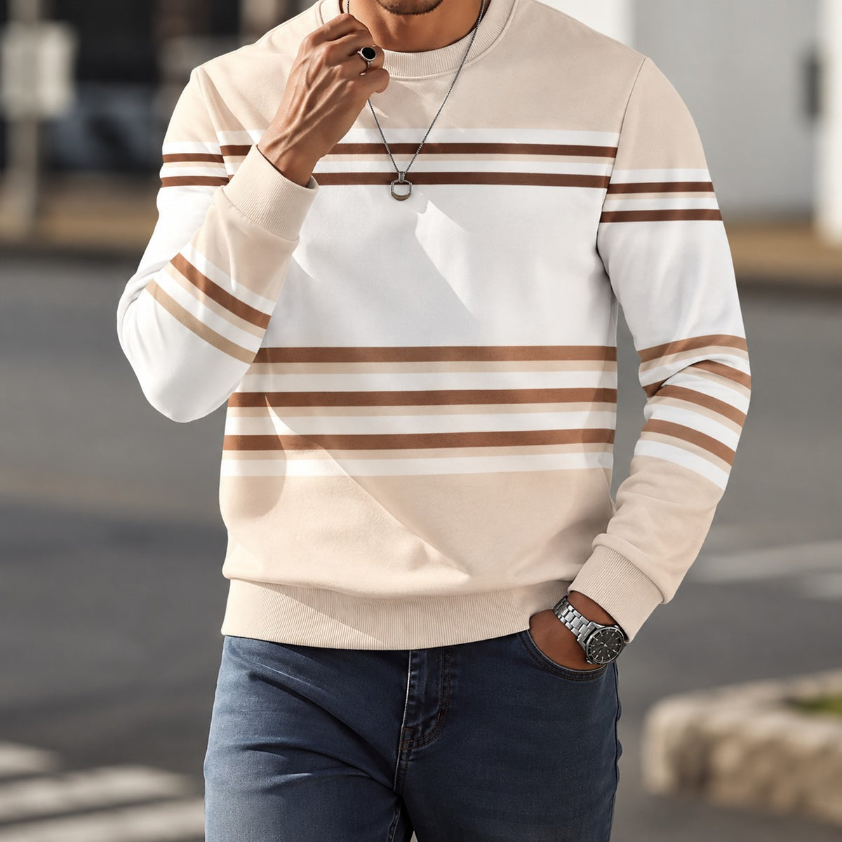 Aldemar™ Sweatshirt with Contrast Stripes, Crew Neck and Ribbed Cuffs