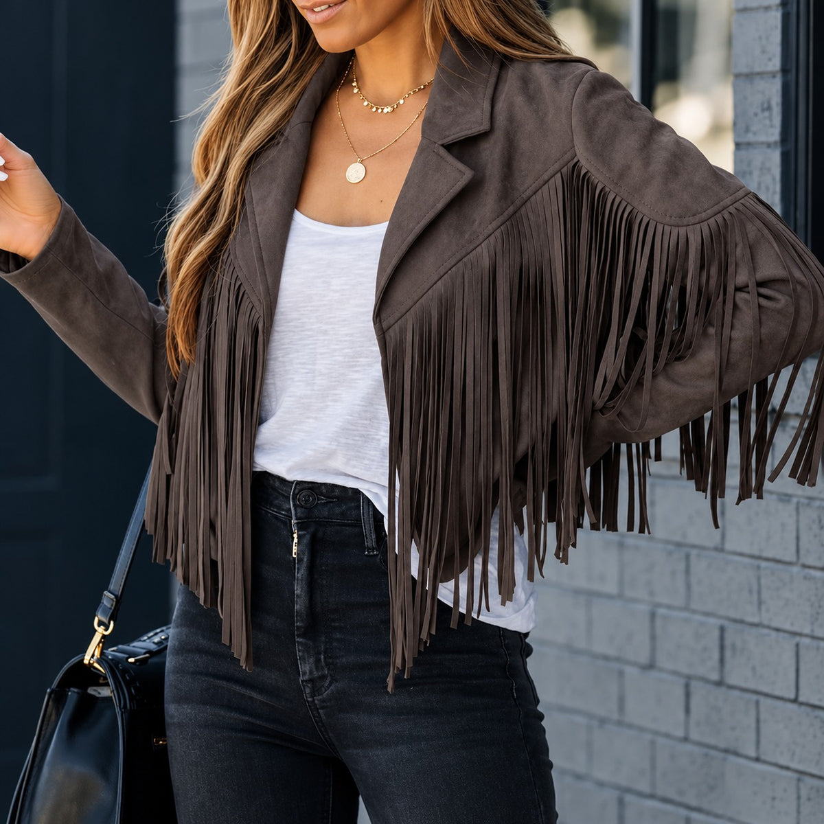 Jacket Montana™ with Long Fringe, Notched Lapels and Suede-Like Finish