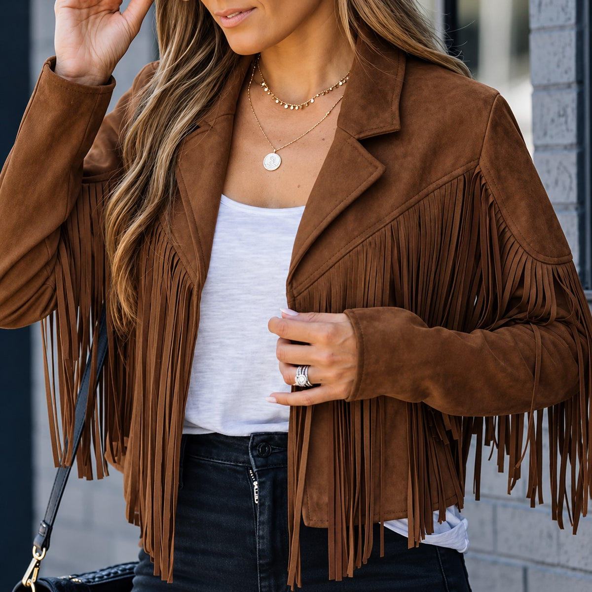 Jacket Montana™ with Long Fringe, Notched Lapels and Suede-Like Finish