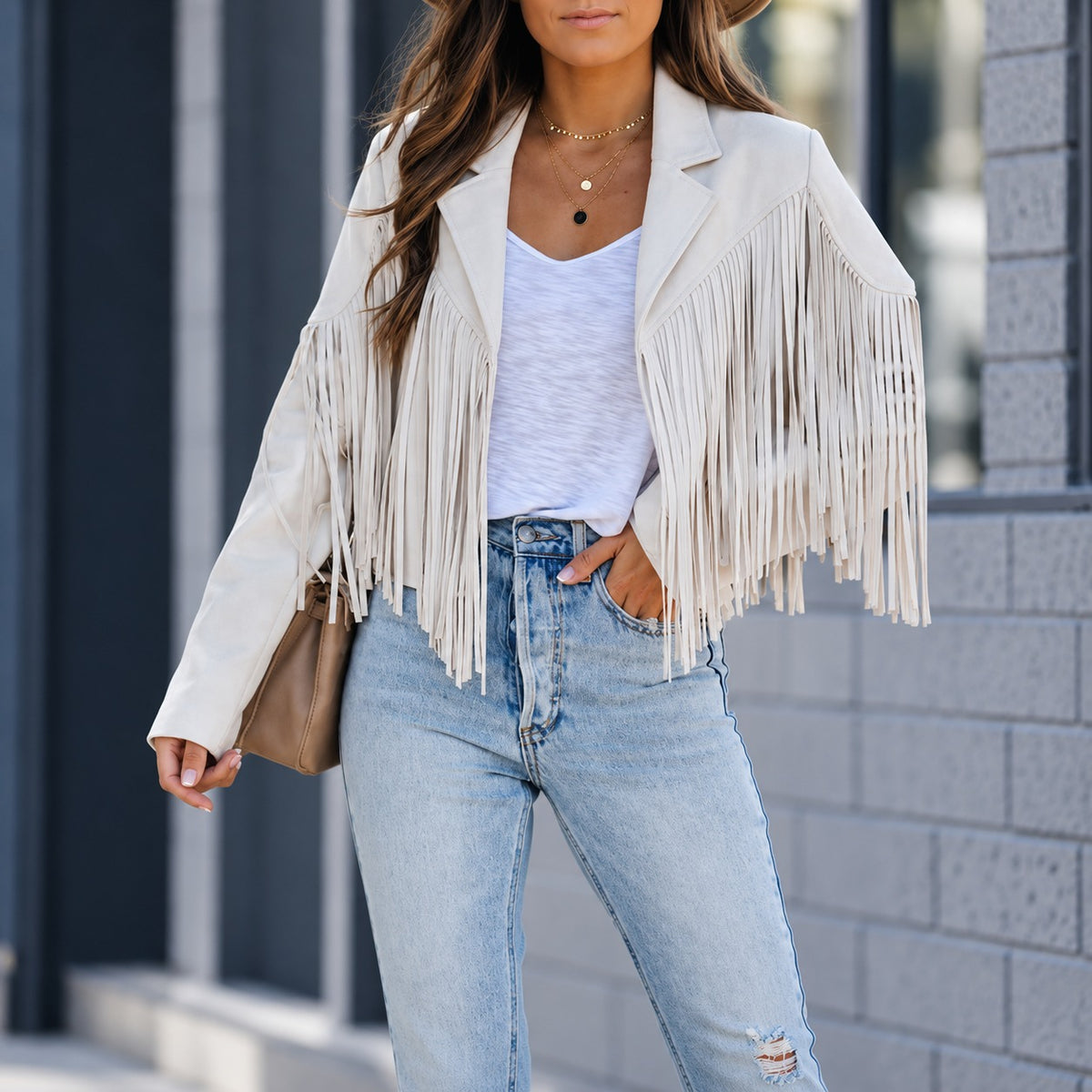 Jacket Montana™ with Long Fringe, Notched Lapels and Suede-Like Finish