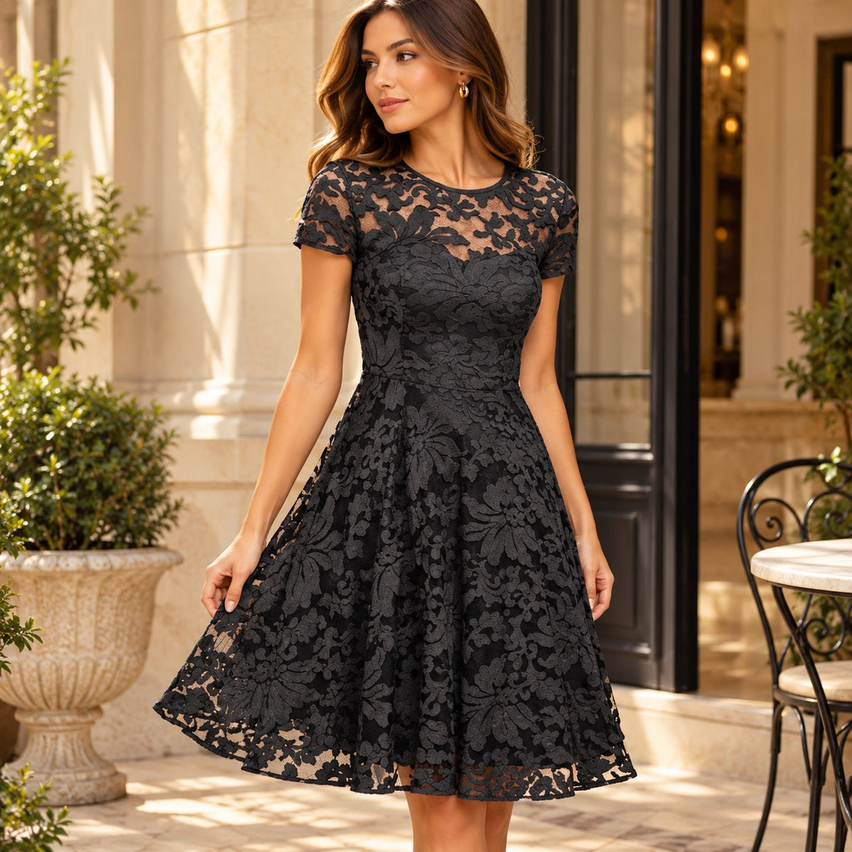 Lisavena™ Dress with Floral Cutout Lace, Defined Waist and Gently Flared Skirt
