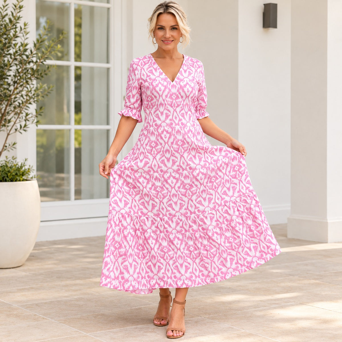 Malena™ Maxi Dress with Ornamental Print, 3/4 Ruffle Sleeves and Full Skirt