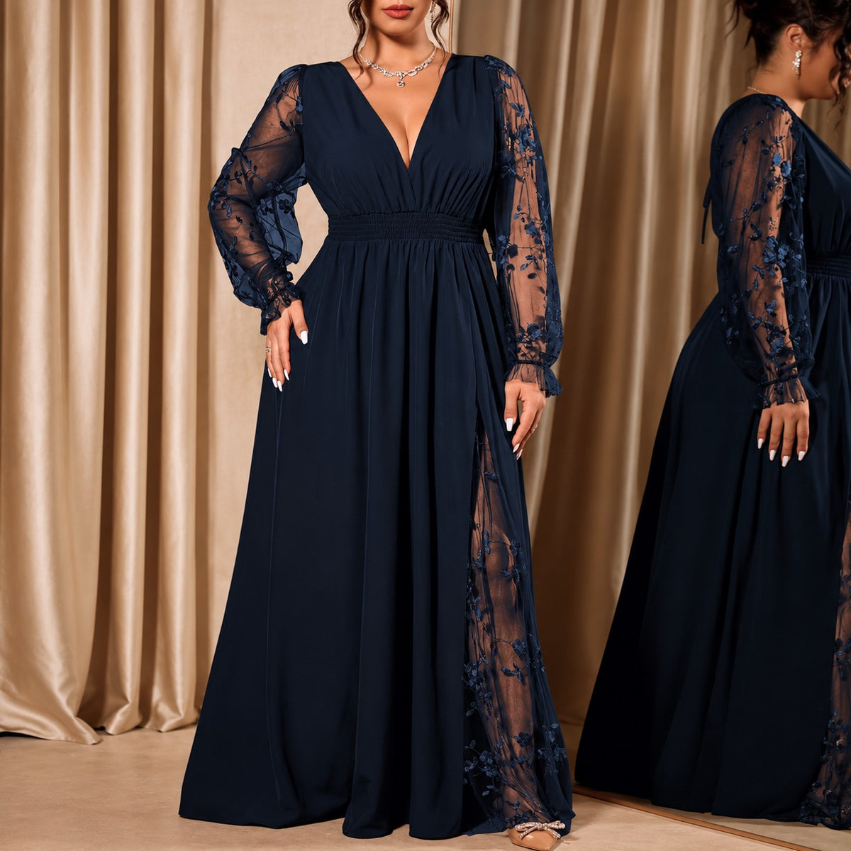 Dress Evelina™ with A-Line Silhouette, Floral Lace Sleeves and Sheer Side Slit