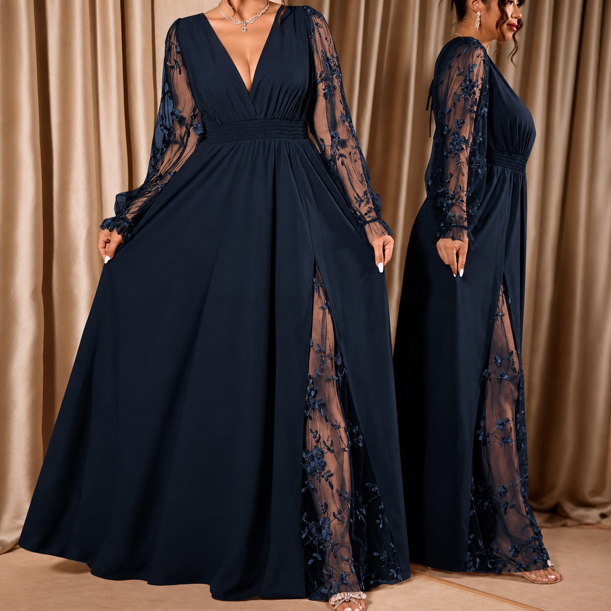 Dress Evelina™ with A-Line Silhouette, Floral Lace Sleeves and Sheer Side Slit