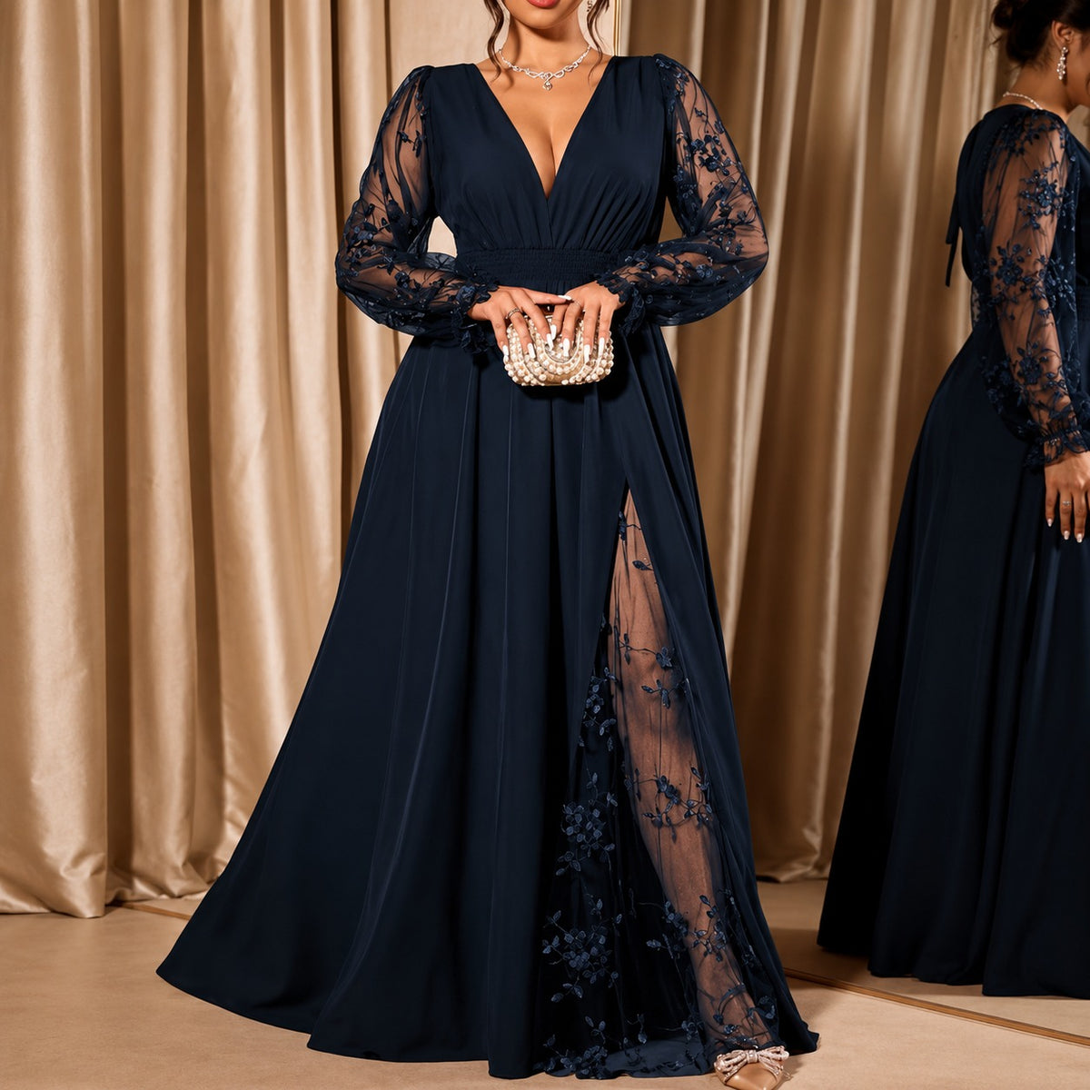 Dress Evelina™ with A-Line Silhouette, Floral Lace Sleeves and Sheer Side Slit