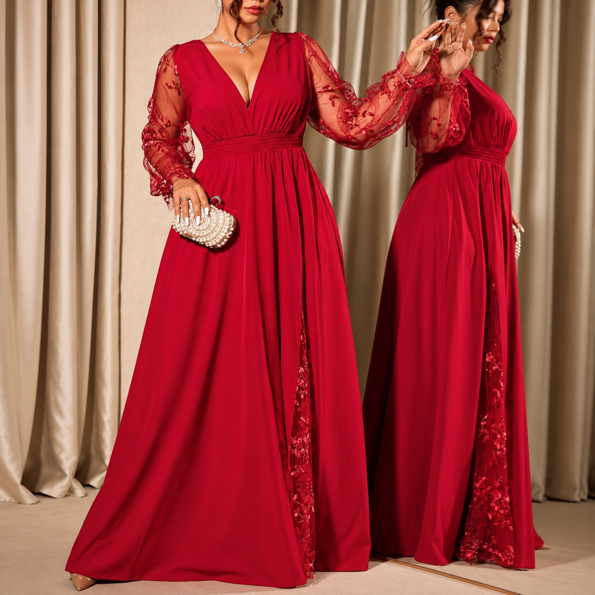 Dress Evelina™ with A-Line Silhouette, Floral Lace Sleeves and Sheer Side Slit
