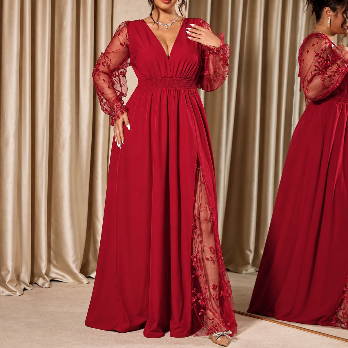 Dress Evelina™ with A-Line Silhouette, Floral Lace Sleeves and Sheer Side Slit
