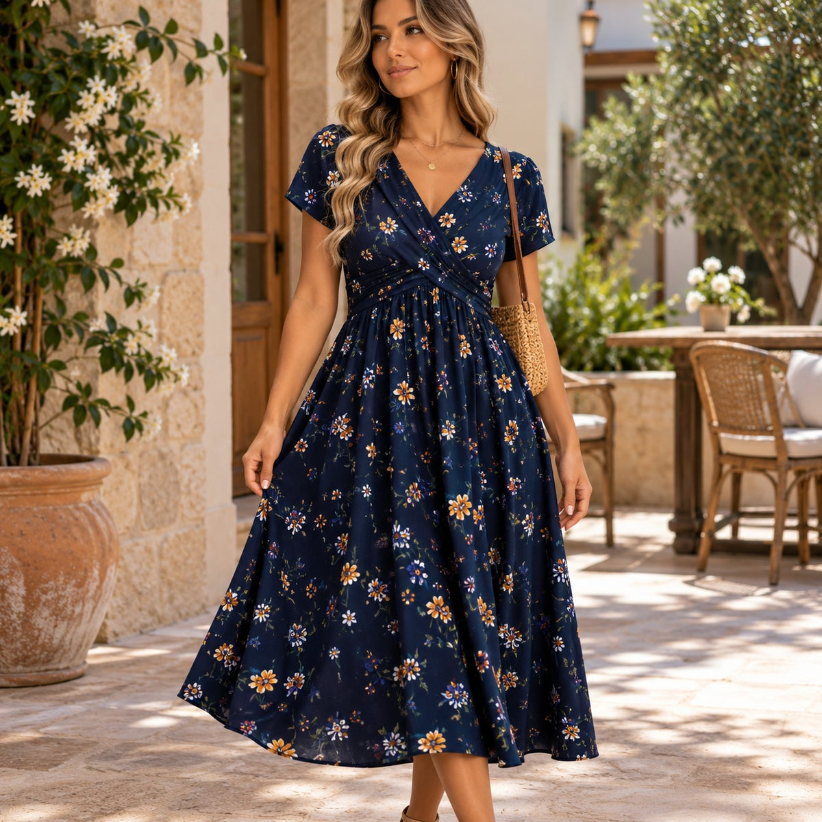 Florisa™ Floral Print Dress with Surplice V-Neck and Defined Waist