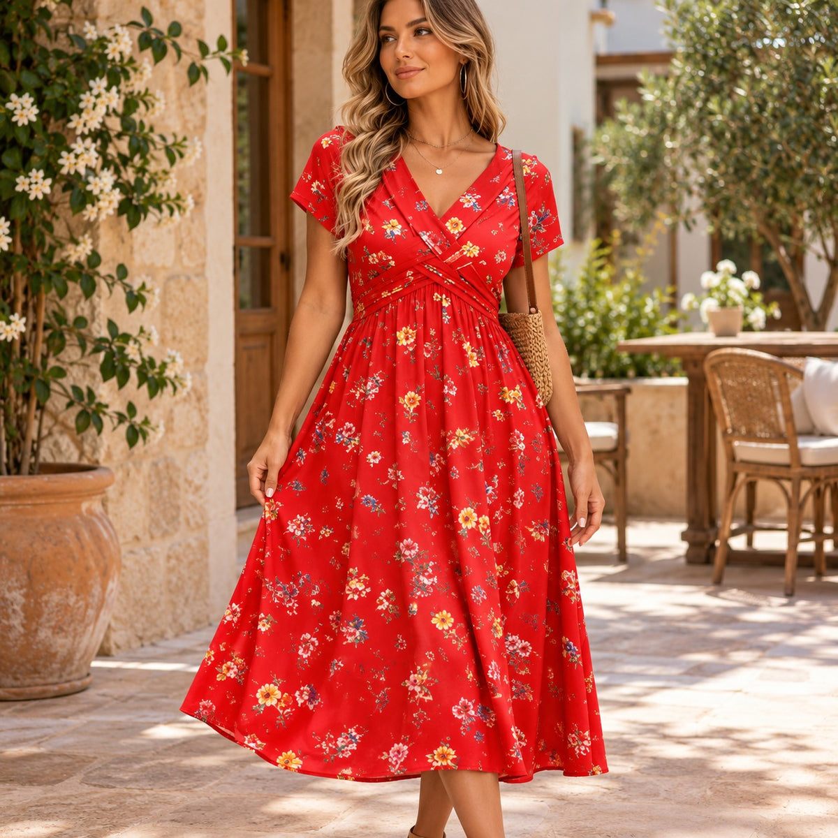Florisa™ Floral Print Dress with Surplice V-Neck and Defined Waist