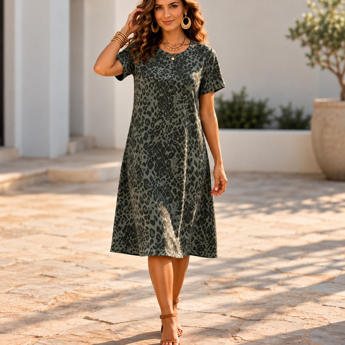 Zuri™ Midi Dress with Leopard Print, A-Line Silhouette and Round Neckline
