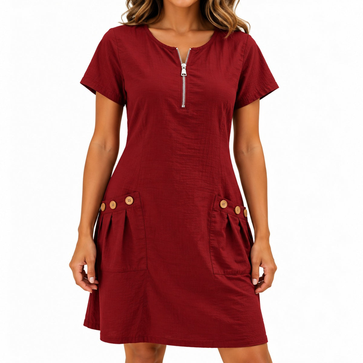 Dress Maxine™ in Cotton-Linen with a Zip Neckline and Button Pockets