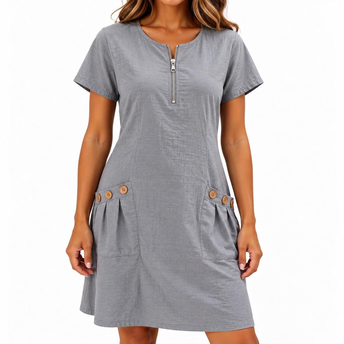 Dress Maxine™ in Cotton-Linen with a Zip Neckline and Button Pockets