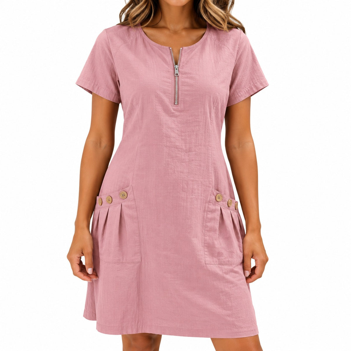 Dress Maxine™ in Cotton-Linen with a Zip Neckline and Button Pockets