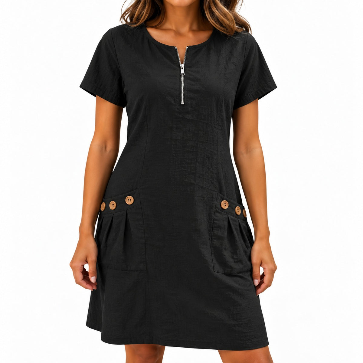 Dress Maxine™ in Cotton-Linen with a Zip Neckline and Button Pockets