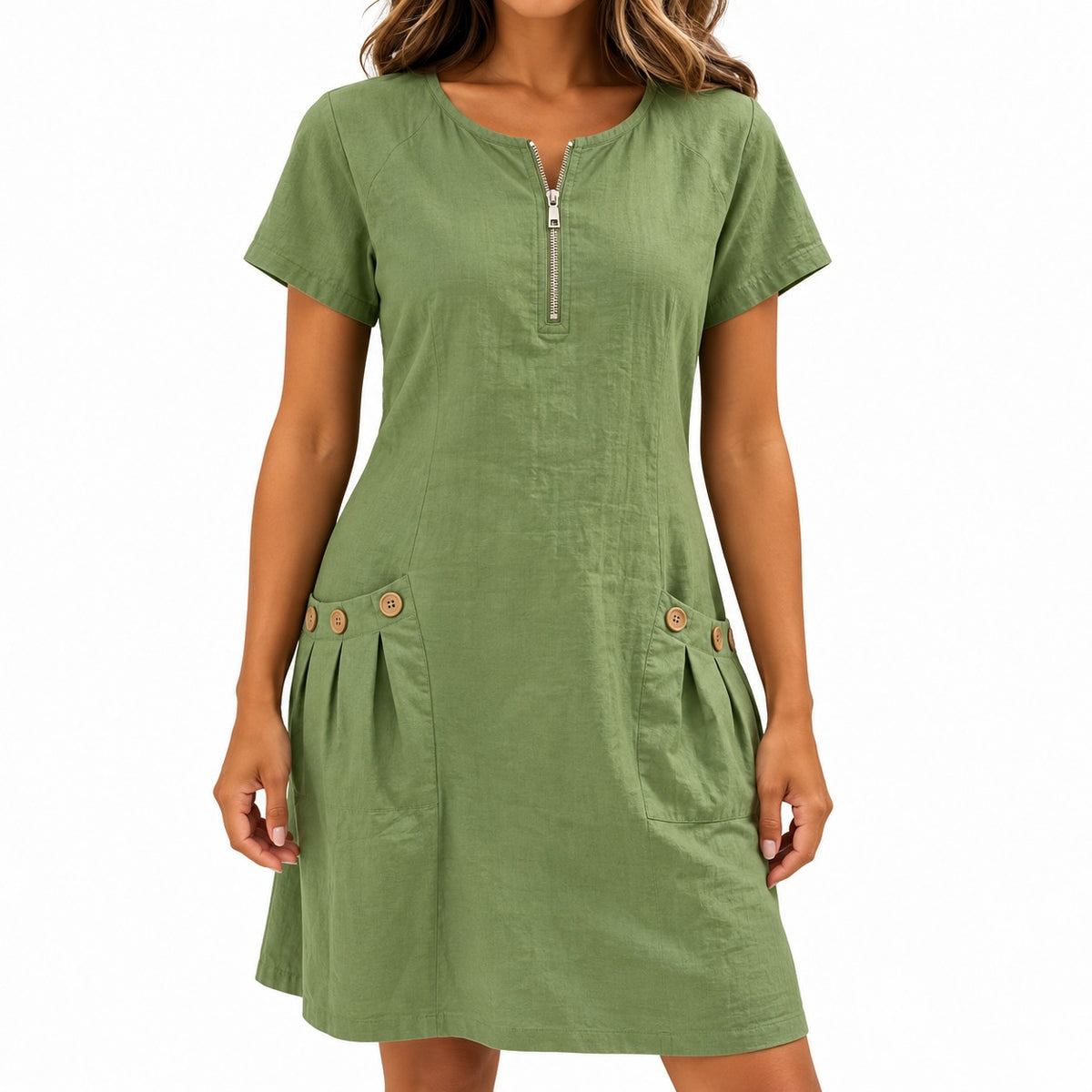 Dress Maxine™ in Cotton-Linen with a Zip Neckline and Button Pockets