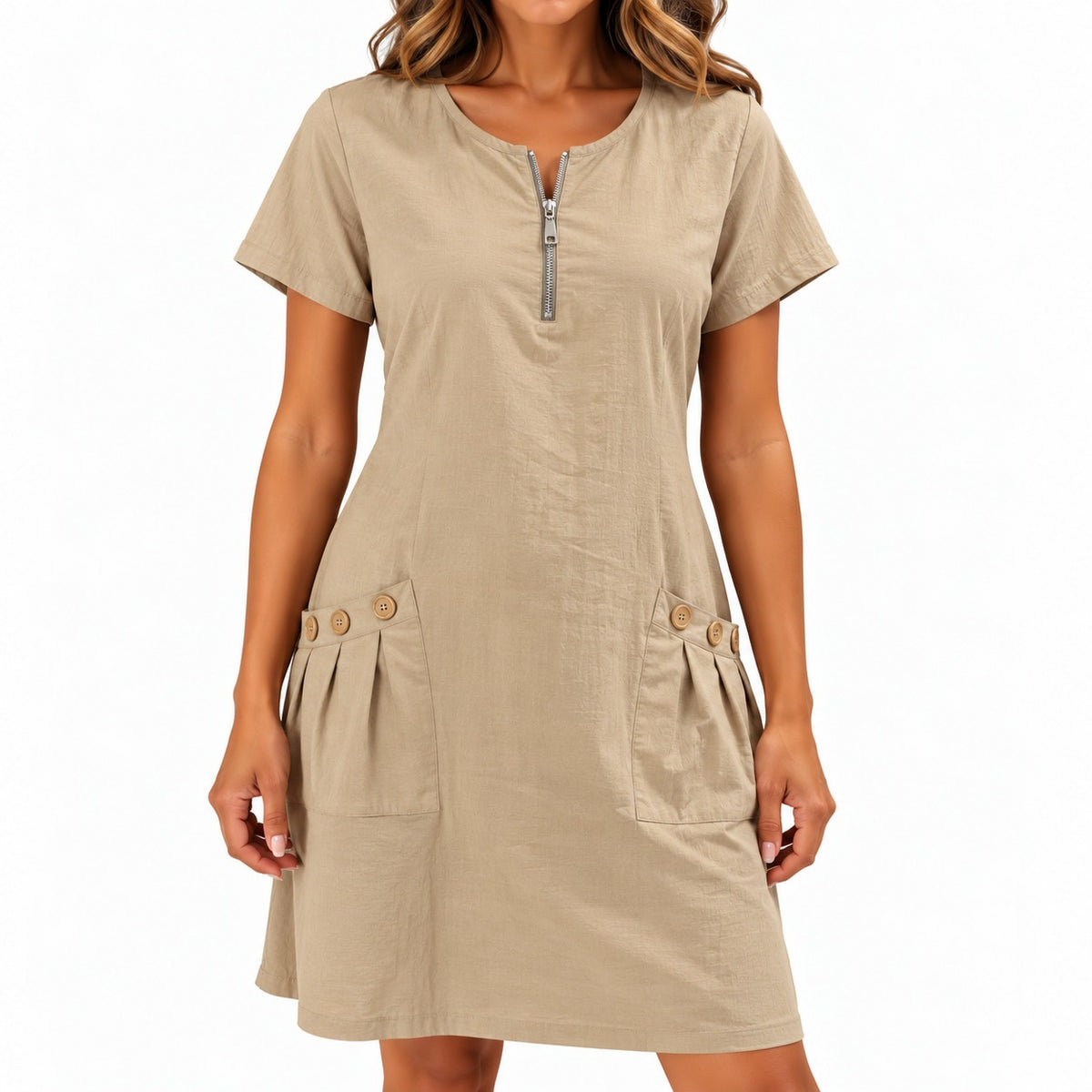 Dress Maxine™ in Cotton-Linen with a Zip Neckline and Button Pockets