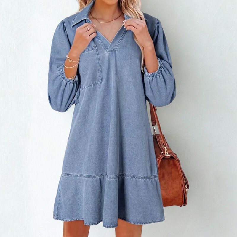 Madalena™ Jeans Dress with Lapel Collar and Puffed Sleeves / The Classic Renewed with Comfort and Femininity