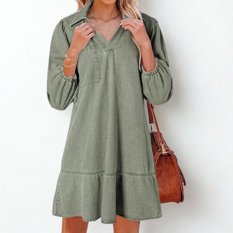 Madalena™ Jeans Dress with Lapel Collar and Puffed Sleeves / The Classic Renewed with Comfort and Femininity