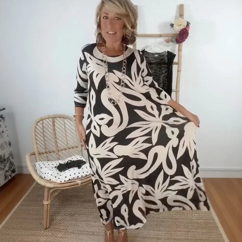 Nerina™ Long Midi Dress with Abstract Floral Print / Loose Elegance that Inspires Freedom!