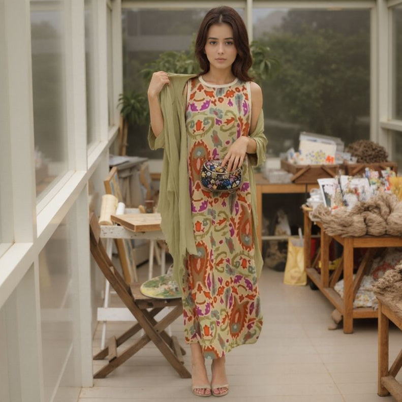 Majorie™ Artistic Satin Set with Dress + Matching Shawl   / For Women Who Shine on Any Occasion!