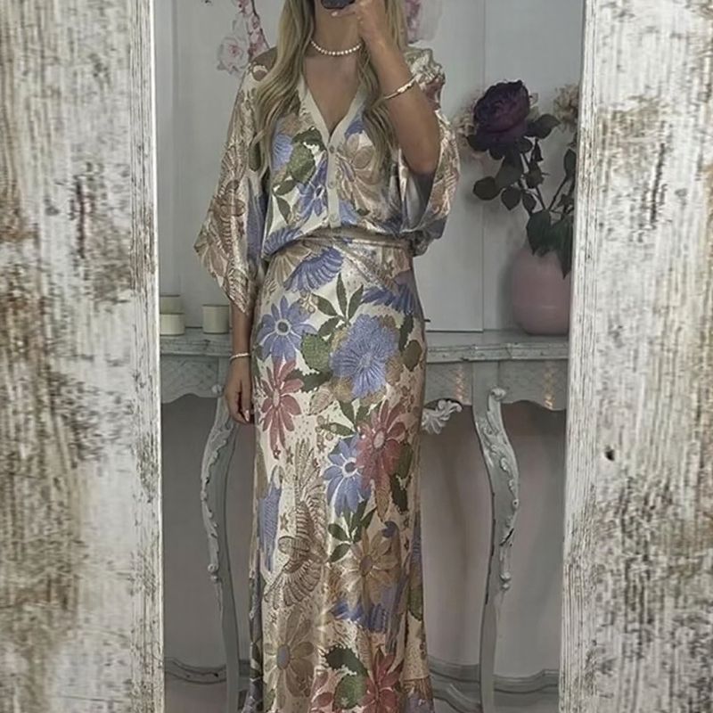 Sakura™ Set in Premium Satin with Kimono Blouse and Long Printed Skirt / An Ode to Sophisticated Femininity that Shines on Any Occasion!