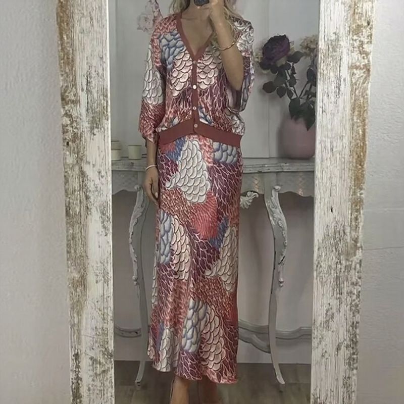 Sakura™ Set in Premium Satin with Kimono Blouse and Long Printed Skirt / An Ode to Sophisticated Femininity that Shines on Any Occasion!